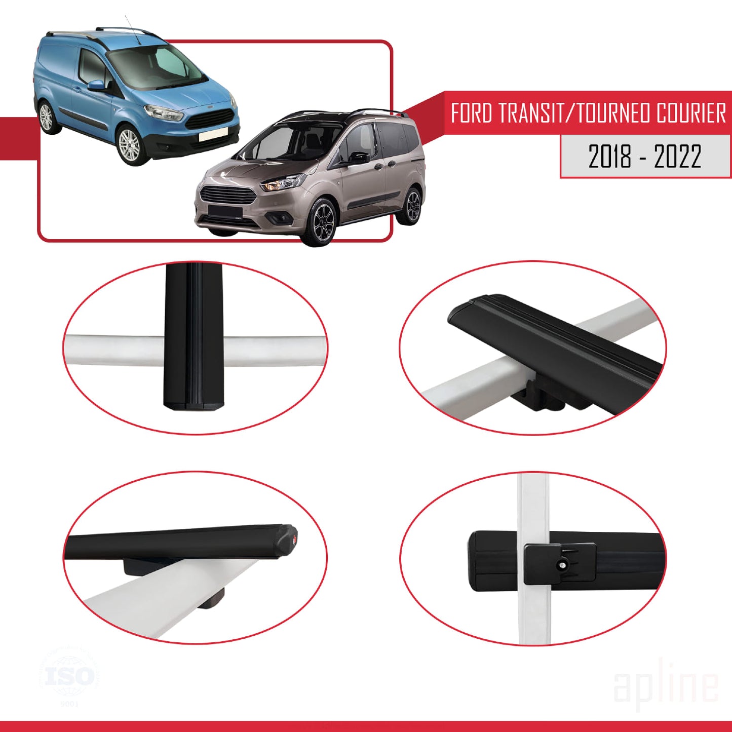 Kompatibel mit Ford Transit/Tourneo Courier Post-Facelift 2018-2022 BASIC Model Relingträger Dachträger Auto Gepäckträger Schwarz Aluminium 2 Stangen