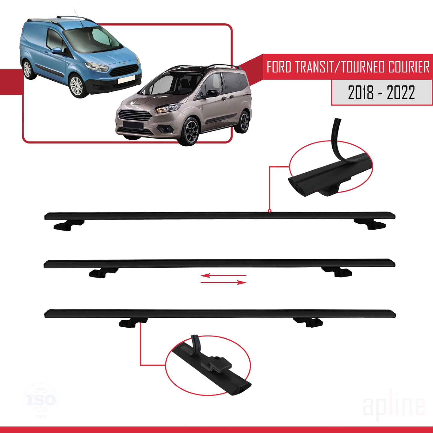 Kompatibel mit Ford Transit/Tourneo Courier Post-Facelift 2018-2022 BASIC Model Relingträger Dachträger Auto Gepäckträger Schwarz Aluminium 2 Stangen