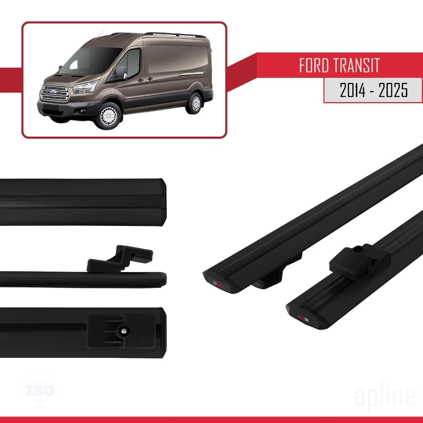 Kompatibel mit Ford Transit 2014-2025 BASIC Modell Dachgepäckträger, schwarzes Aluminium, 2 Stangen