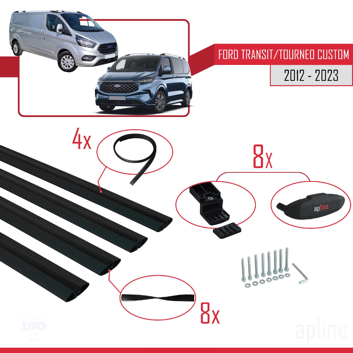 Kompatibel mit Ford Transit/Tourneo Custom 2012-2023 BASIC Model Relingträger Dachträger Auto Gepäckträger Schwarz Aluminium 4 Stangen