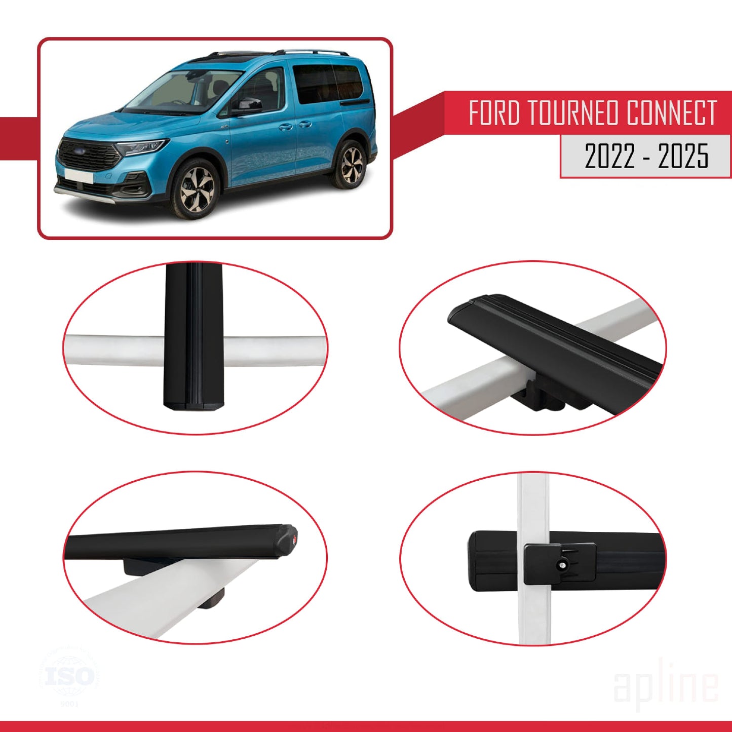 Kompatibel mit Ford Transit/Tourneo Connect 3 2022-2025 BASIC Model Relingträger Dachträger Auto Gepäckträger Schwarz Aluminium 2 Stangen