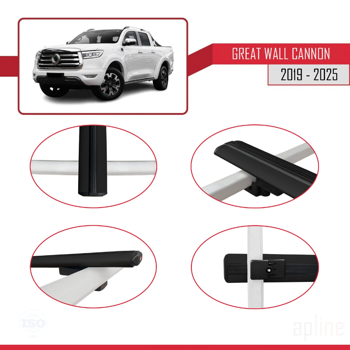 Kompatibel mit Great Wall Cannon 2019-2025 BASIC Modell Dachgepäckträger, Reling, Gepäckträger, schwarzes Aluminium, 2 Stangen