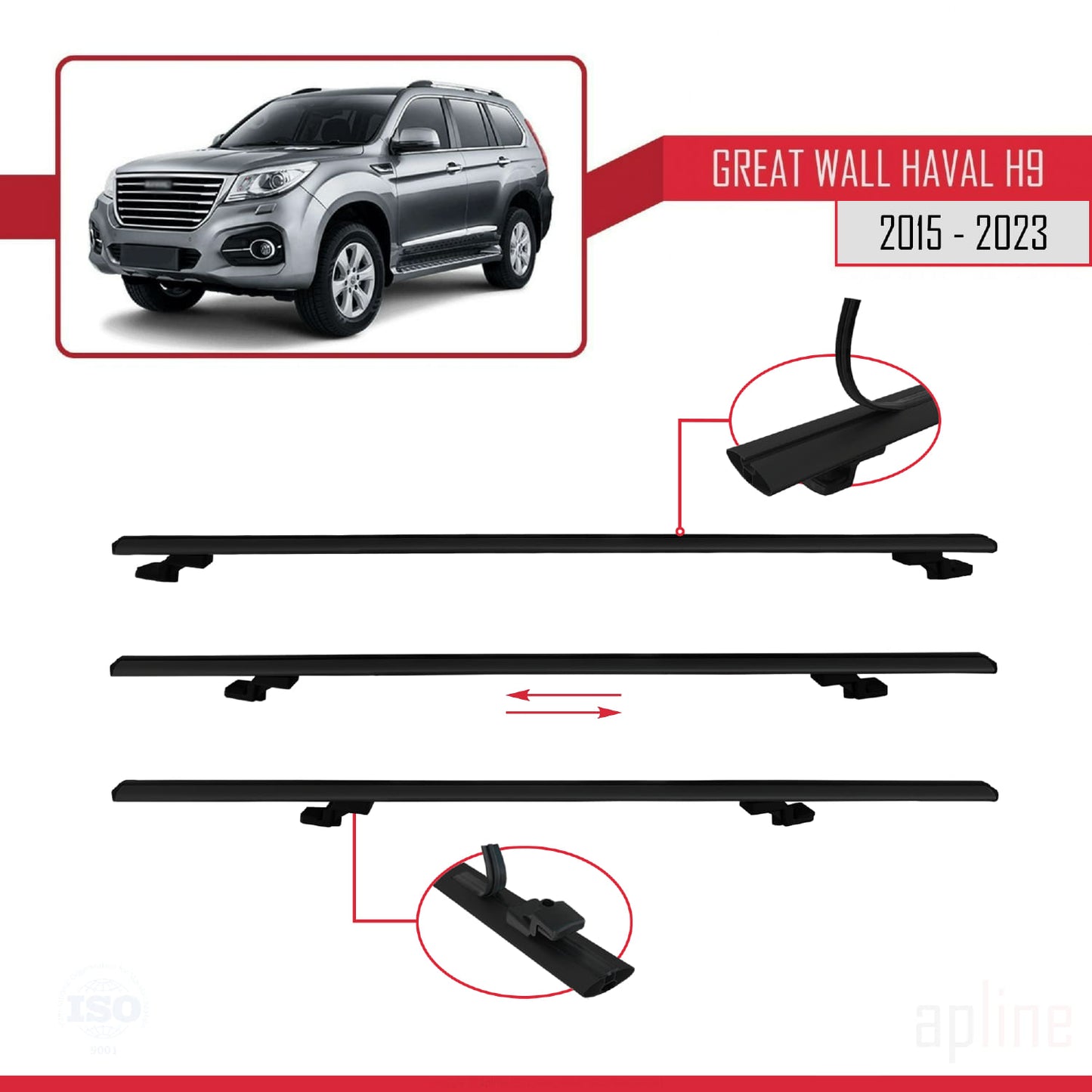 Compatible avec Great Wall Haval H9 2015-2023 BASIC Model Barres de Toit Railing Porte-Bagages de Voiture Noir Aluminium 3 Barres