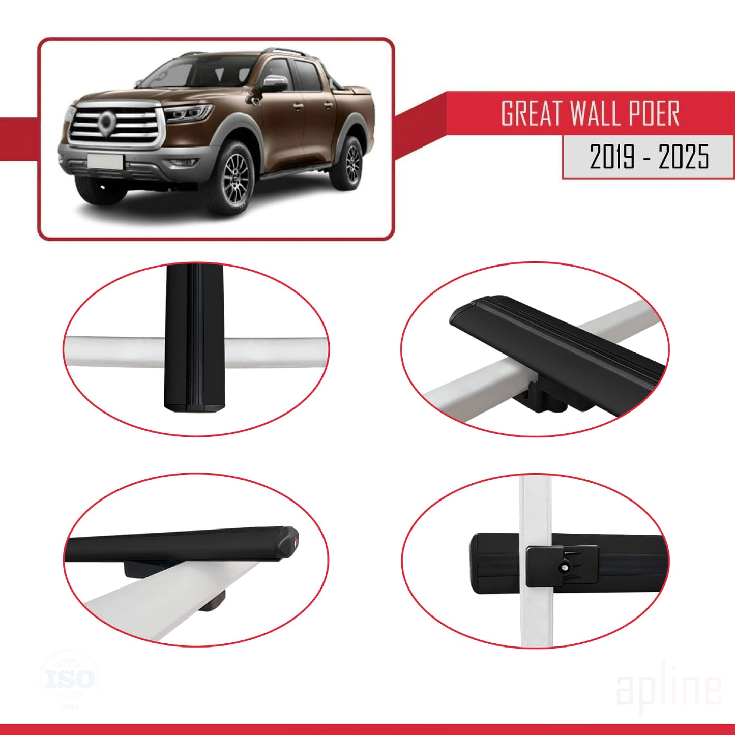 Kompatibel mit Great Wall Poer 2019-2025 BASIC Model Relingträger Dachträger Auto Gepäckträger Schwarz Aluminium 2 Stangen