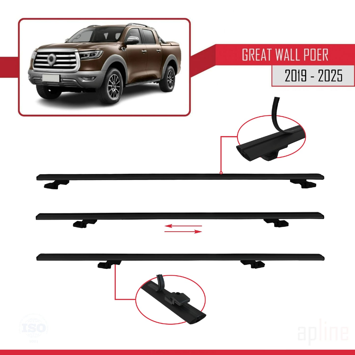 Kompatibel mit Great Wall Poer 2019-2025 BASIC Model Relingträger Dachträger Auto Gepäckträger Schwarz Aluminium 2 Stangen
