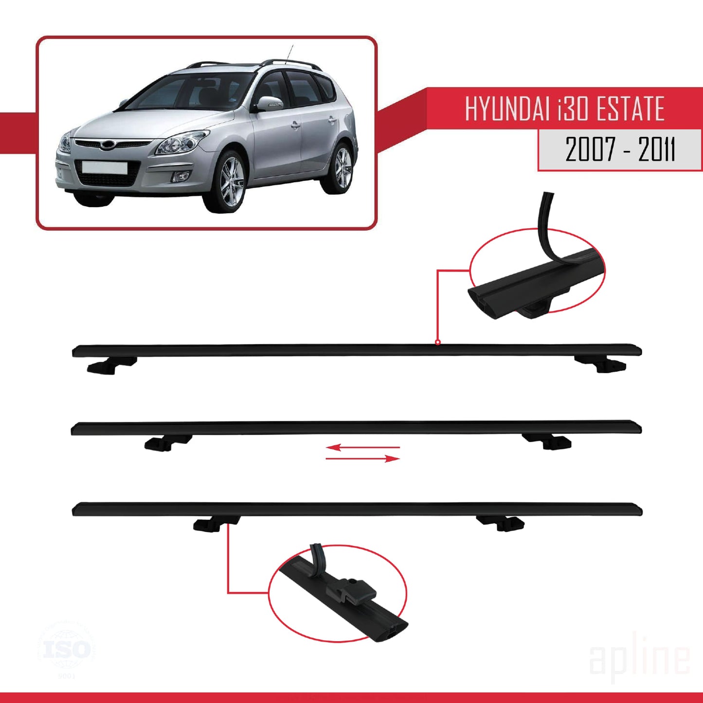 Compatible avec Hyundai i30 (FD) Break 2007-2011 BASIC Model Barres de Toit Railing Porte-Bagages de Voiture Noir Aluminium 3 Barres
