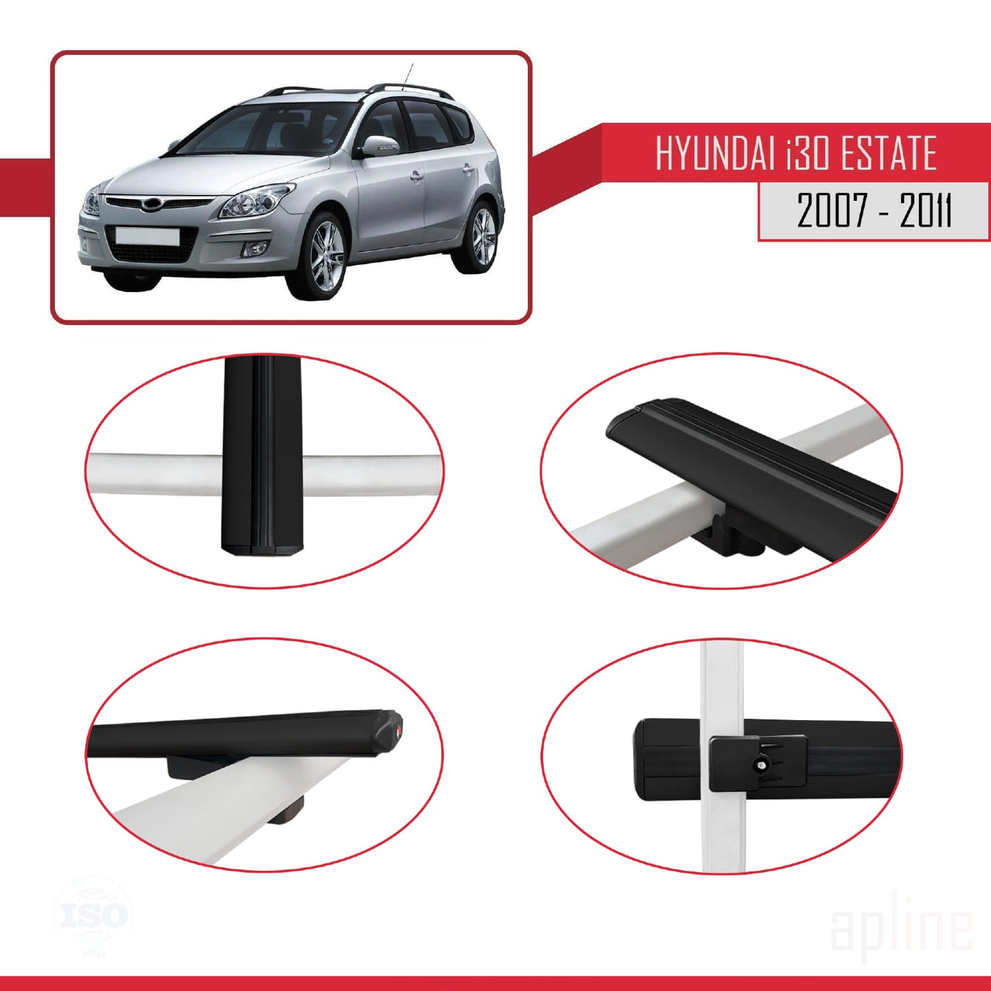 Compatible avec Hyundai i30 (FD) Break 2007-2011 BASIC Model Barres de Toit Railing Porte-Bagages de Voiture Noir Aluminium 2 Barres