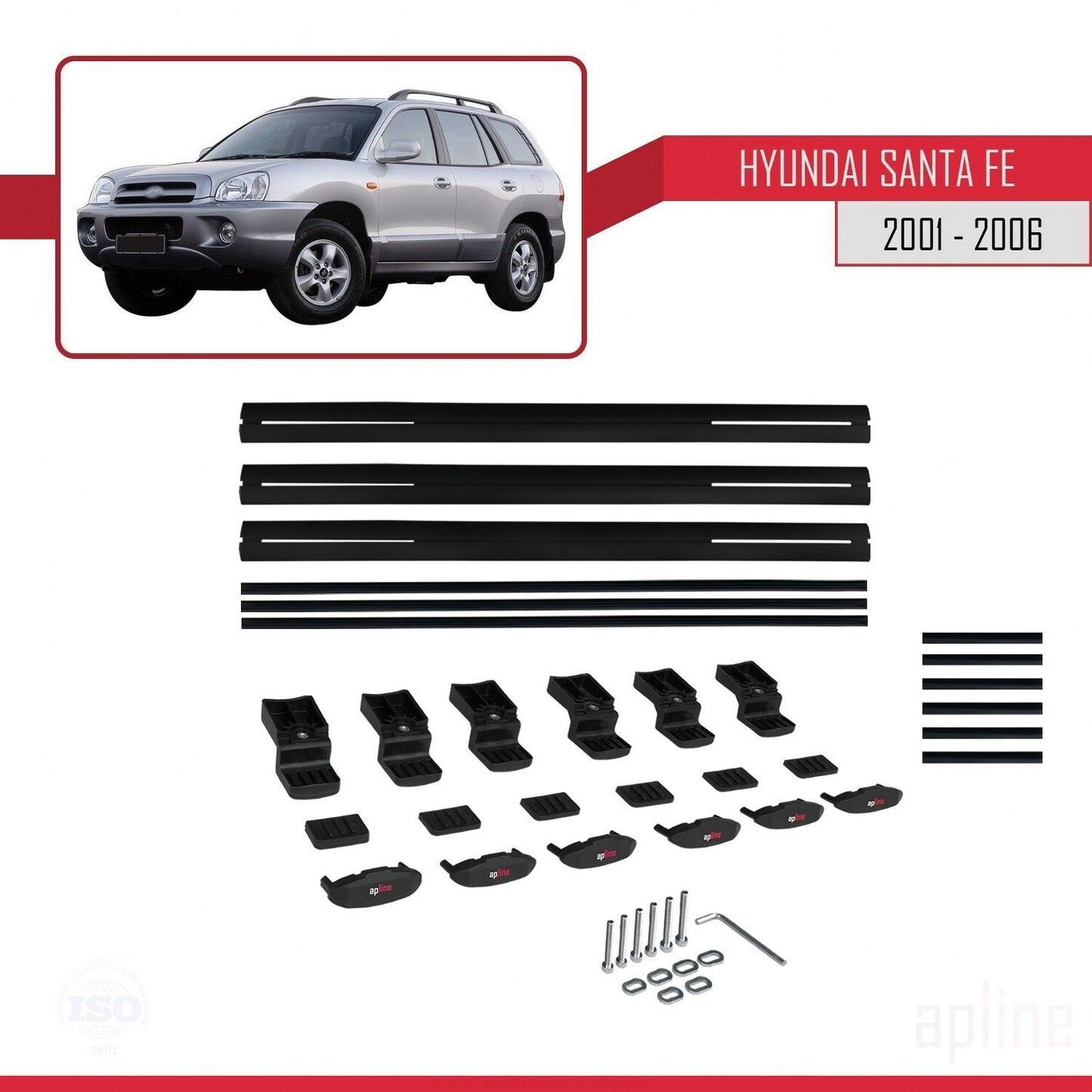 Compatible avec Hyundai Santa Fe (SM) 2001-2006 BASIC Model Barres de Toit Railing Porte-Bagages de Voiture Noir Aluminium 3 Barres