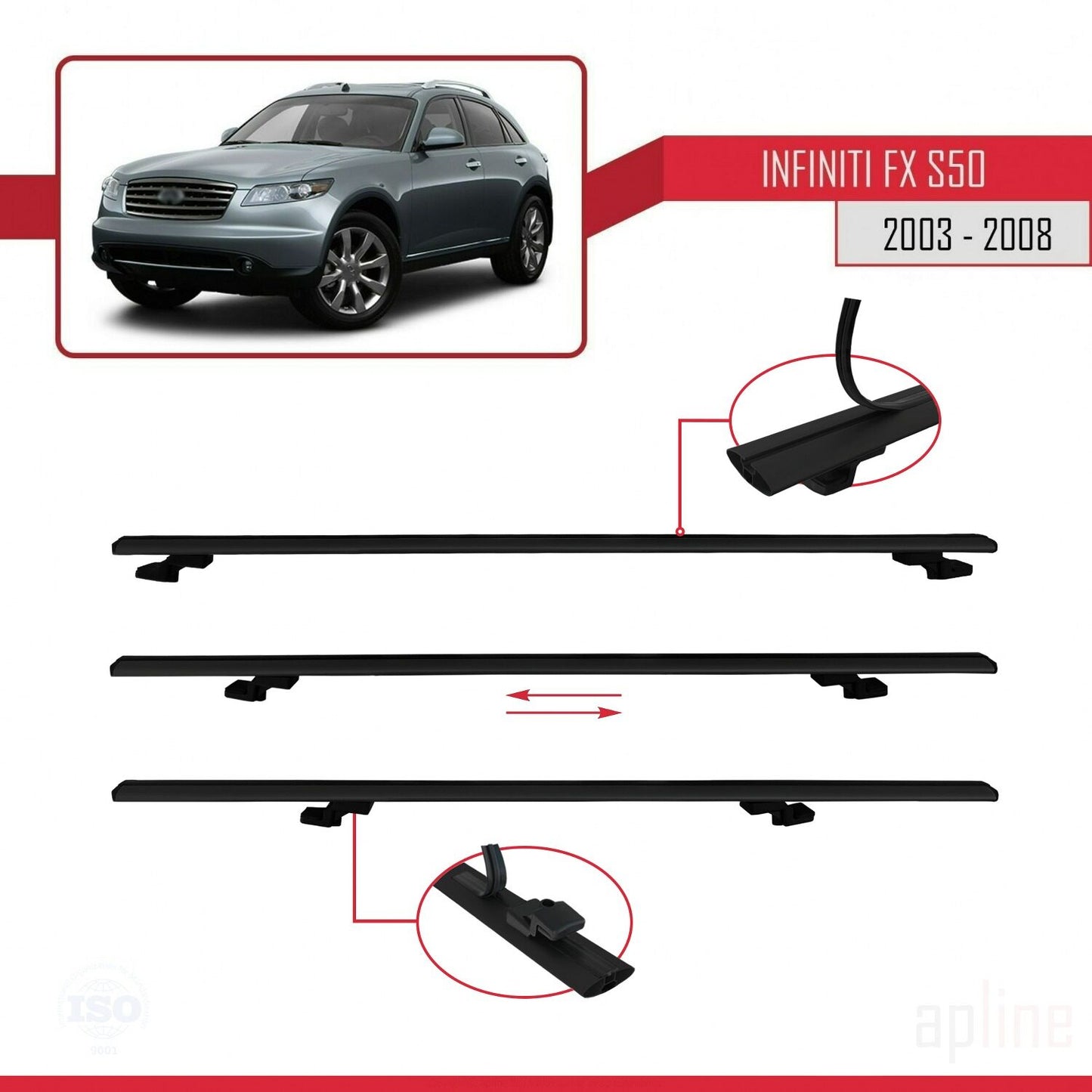 Compatible avec Infiniti FX (S50) 2003-2008 BASIC Model Barres de Toit Railing Porte-Bagages de Voiture Noir Aluminium 3 Barres