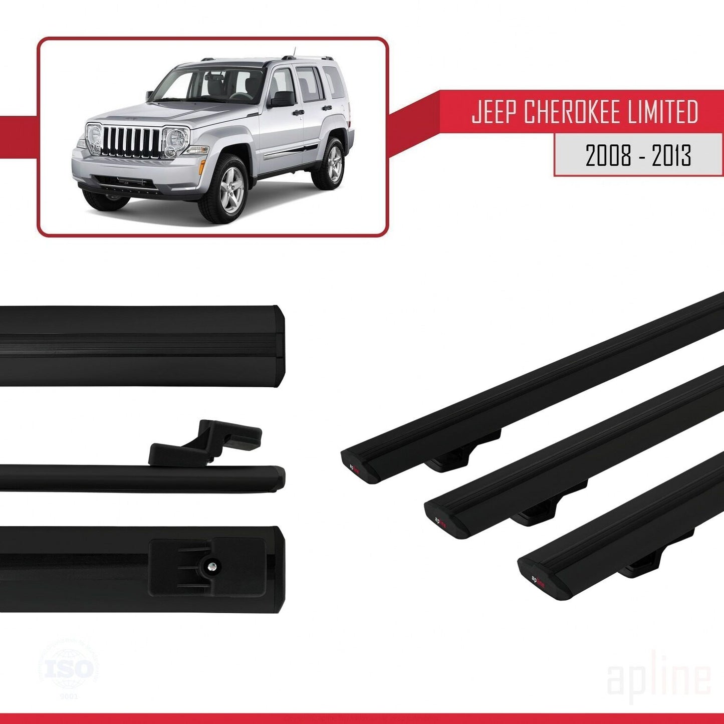 Compatible avec Jeep Cherokee 4 (KK) 2008-2013 BASIC Model Barres de Toit Railing Porte-Bagages de Voiture Noir Aluminium 3 Barres