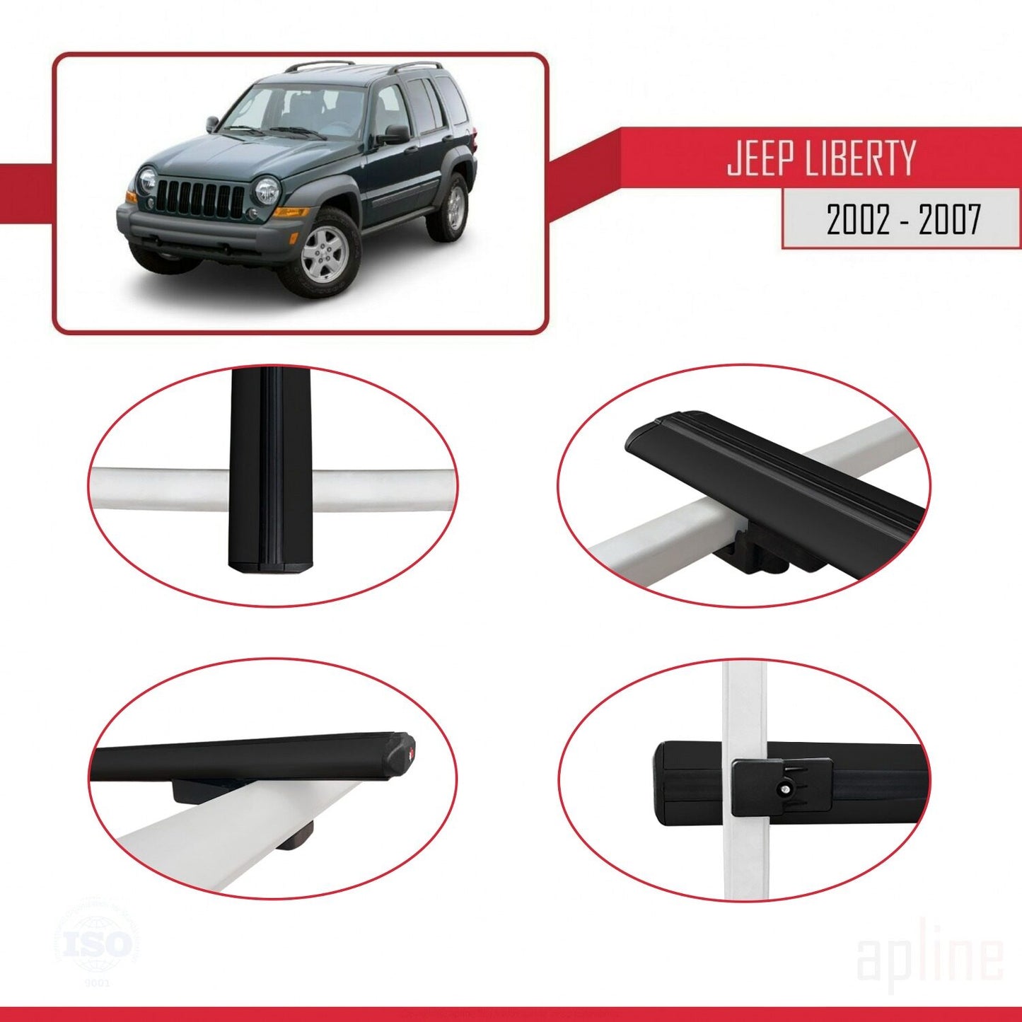 Compatible avec Jeep Liberty 2002-2007 BASIC Model Barres de Toit Railing Porte-Bagages de Voiture Noir Aluminium 2 Barres