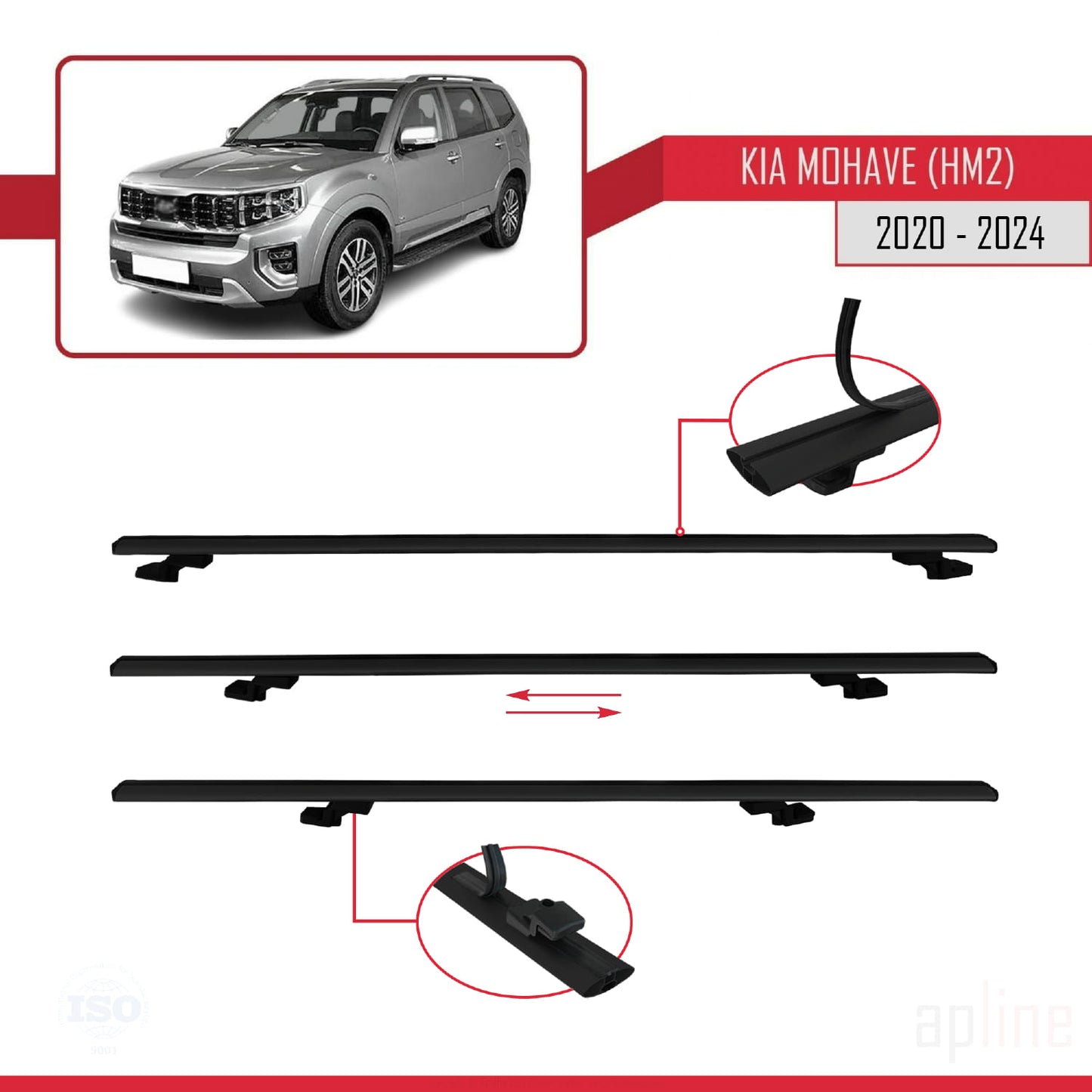 Compatible with Kia Mohave 2 (HM2) 2020-2024 BASIC Model Car Roof Rack Cross Bar Black Aluminium 2 Bars