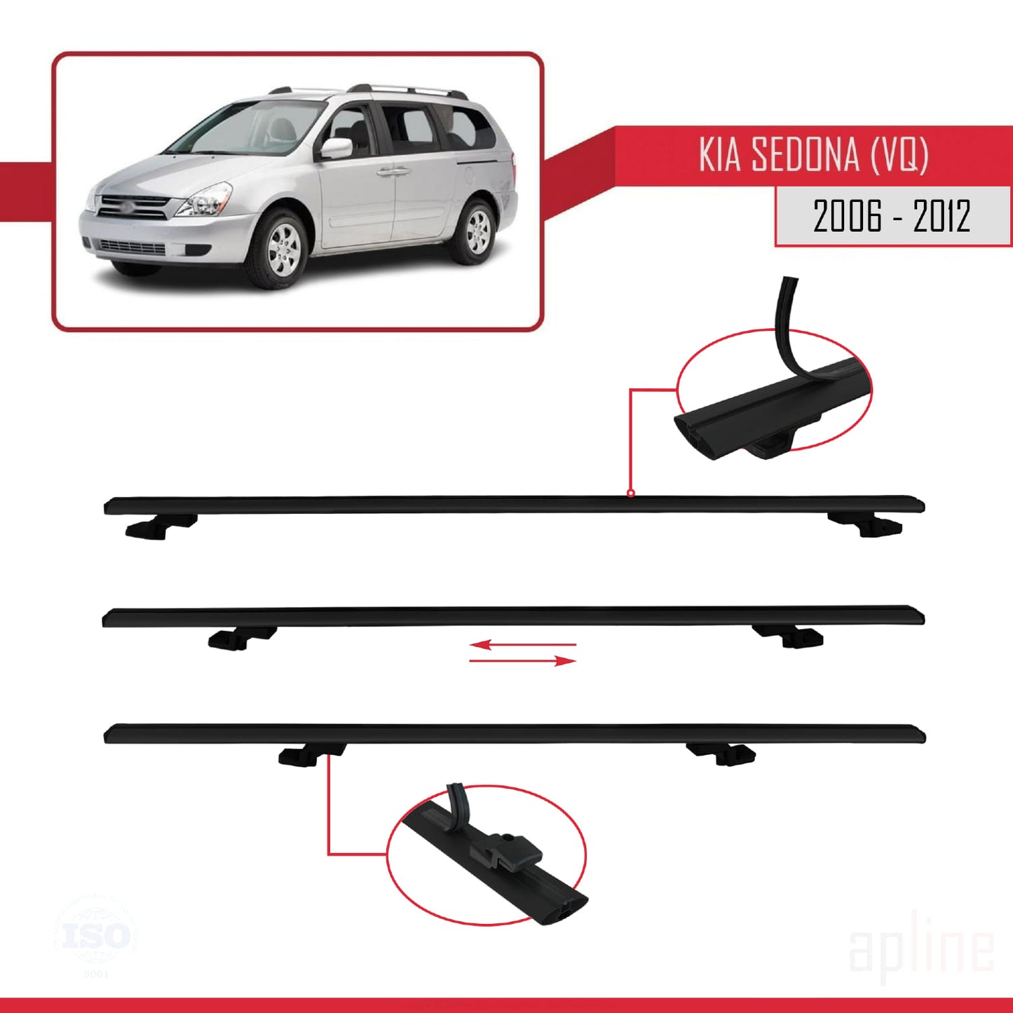 Compatible avec Kia Sedona 2 (VQ) 2006-2012 BASIC Model Barres de Toit Railing Porte-Bagages de Voiture Noir Aluminium 2 Barres