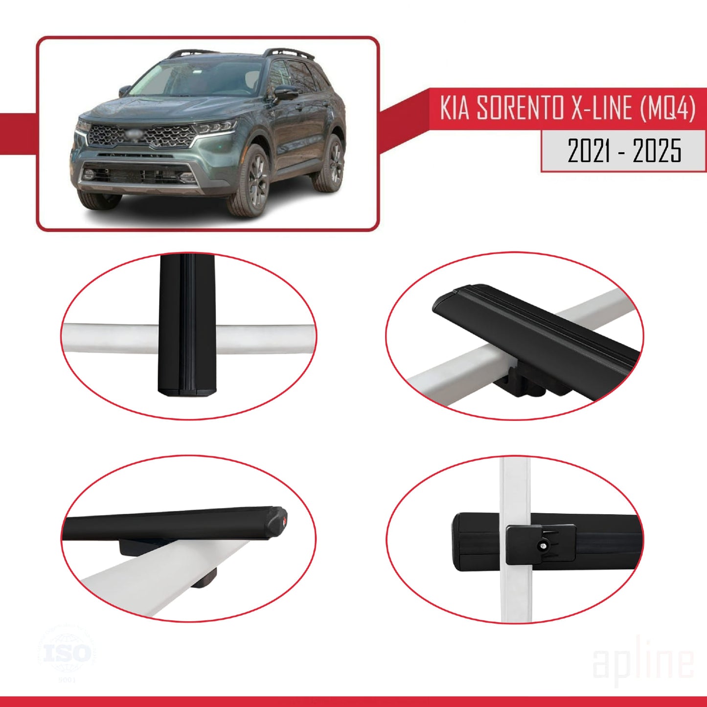 Compatible avec Kia Sorento 4 (MQ4) X-Line 2021-2025 BASIC Model Barres de Toit Railing Porte-Bagages de Voiture Noir Aluminium 3 Barres