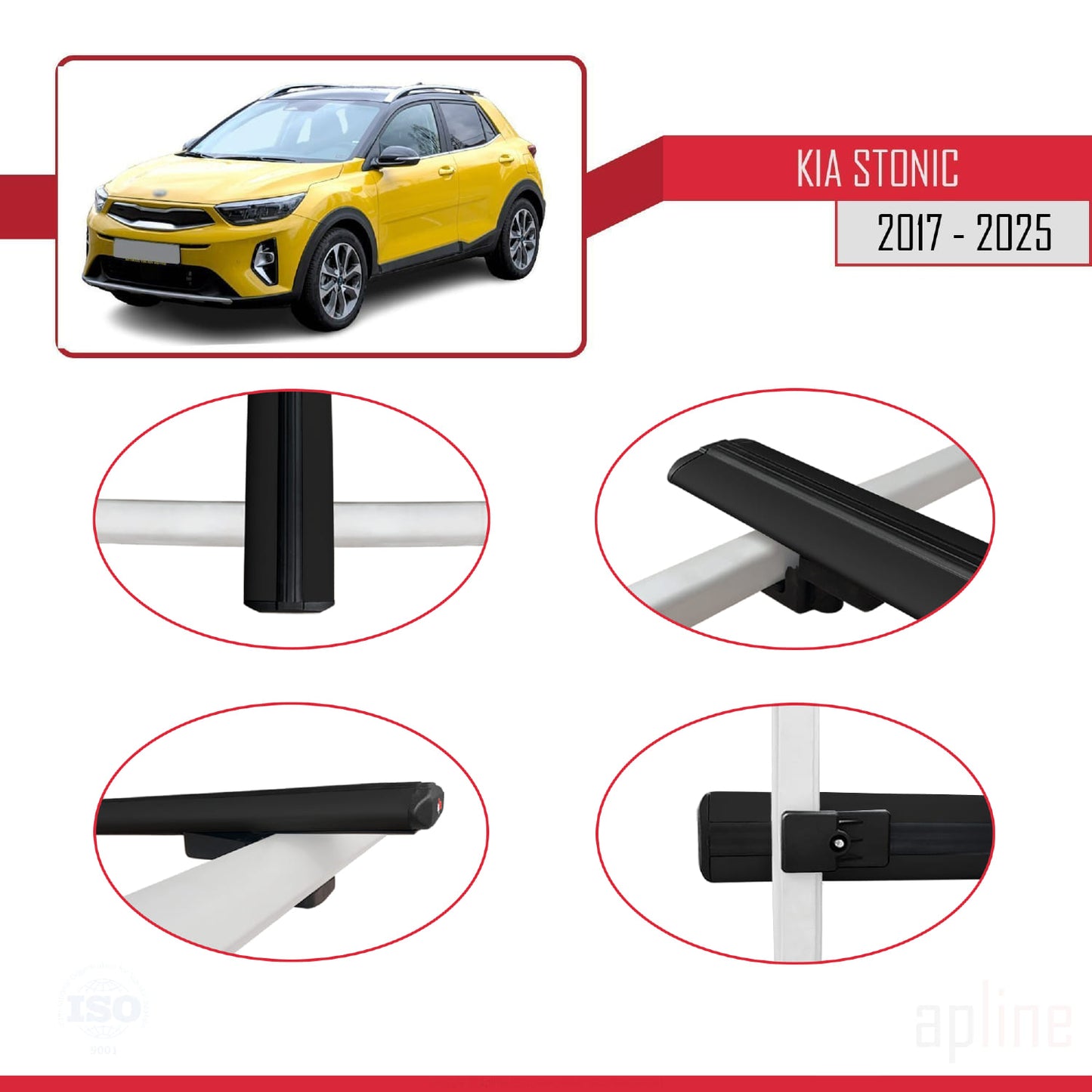 Compatible avec Kia Stonic 2017-2025 BASIC Model Barres de Toit Railing Porte-Bagages de Voiture Noir Aluminium 2 Barres