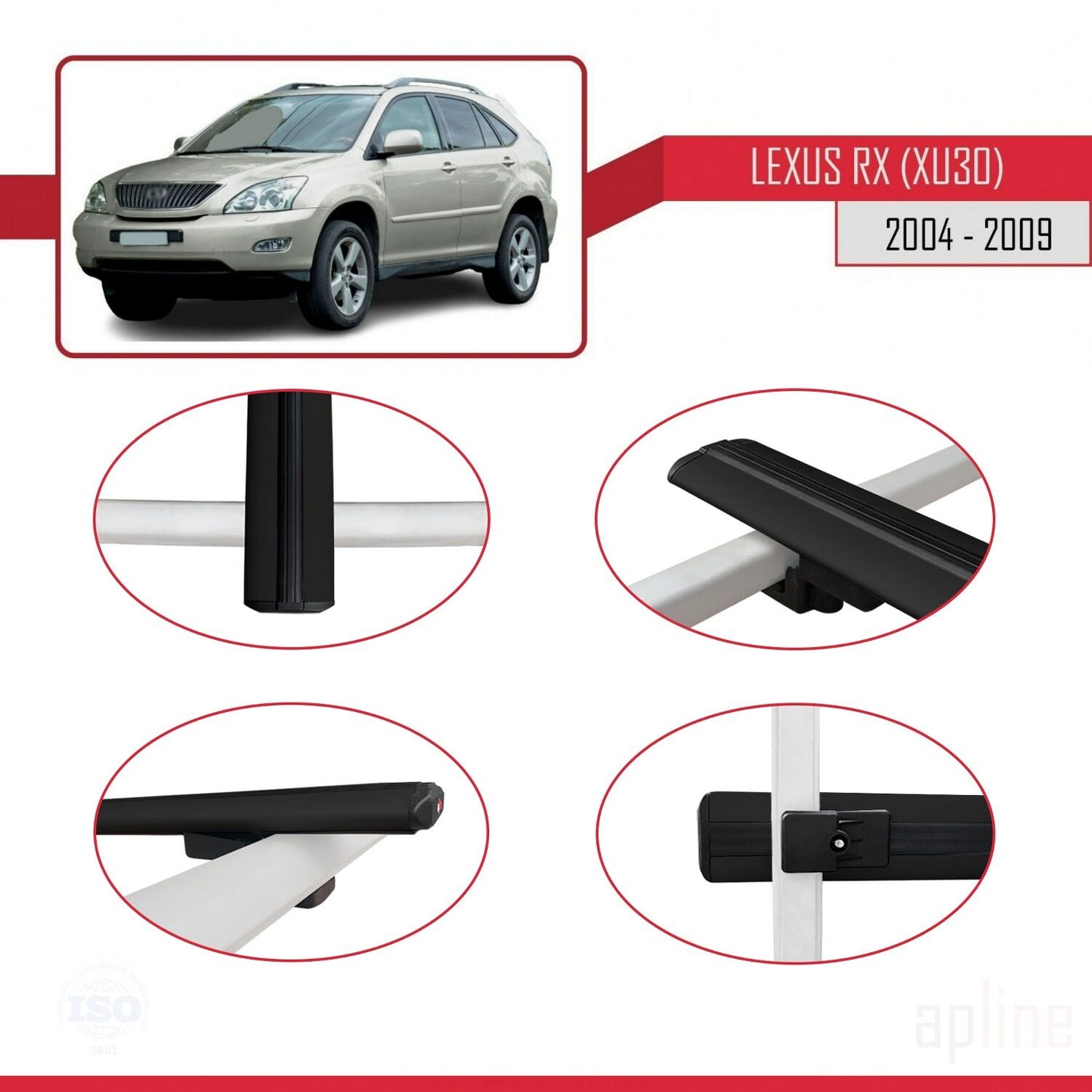 Kompatibel mit Lexus RX 2 (XU30) 2004-2009 BASIC Model Relingträger Dachträger Auto Gepäckträger Schwarz Aluminium 3 Stangen