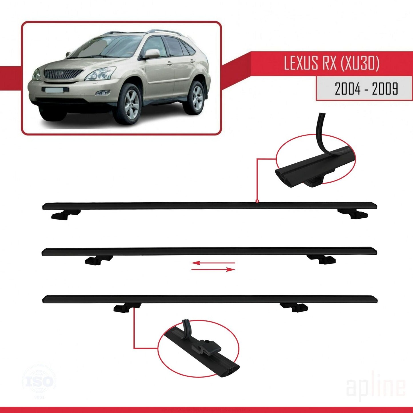 Kompatibel mit Lexus RX 2 (XU30) 2004-2009 BASIC Model Relingträger Dachträger Auto Gepäckträger Schwarz Aluminium 3 Stangen