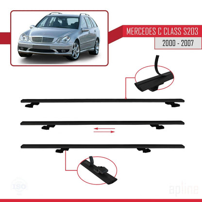 Compatible avec Mercedes Classe C 2 (S203) 2000-2007 BASIC Model Barres de Toit Railing Porte-Bagages de Voiture Noir Aluminium 2 Barres