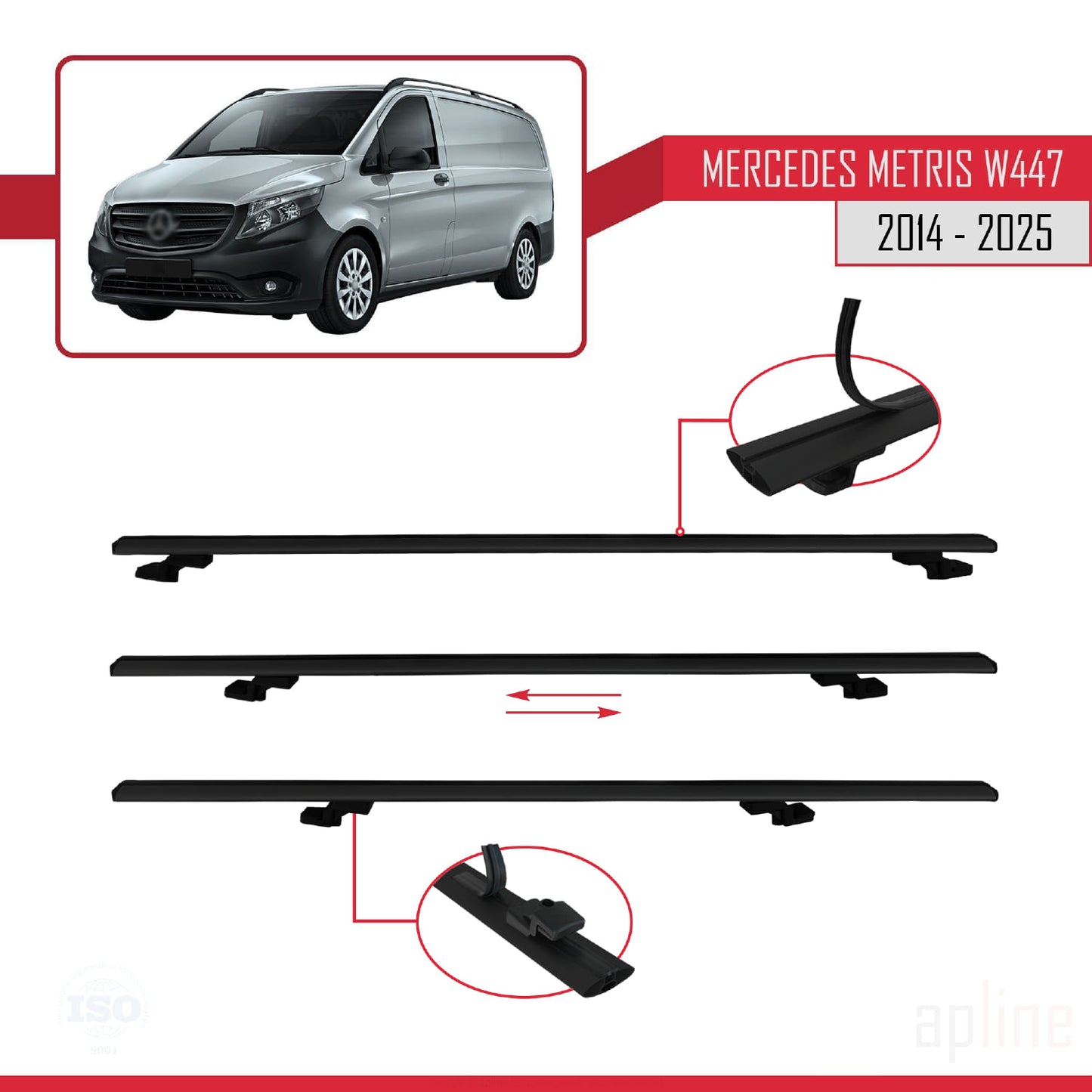 Compatible with Mercedes Metris (W447) 2014-2025 BASIC Model Car Roof Rack Cross Bar Black Aluminium 4 Bars