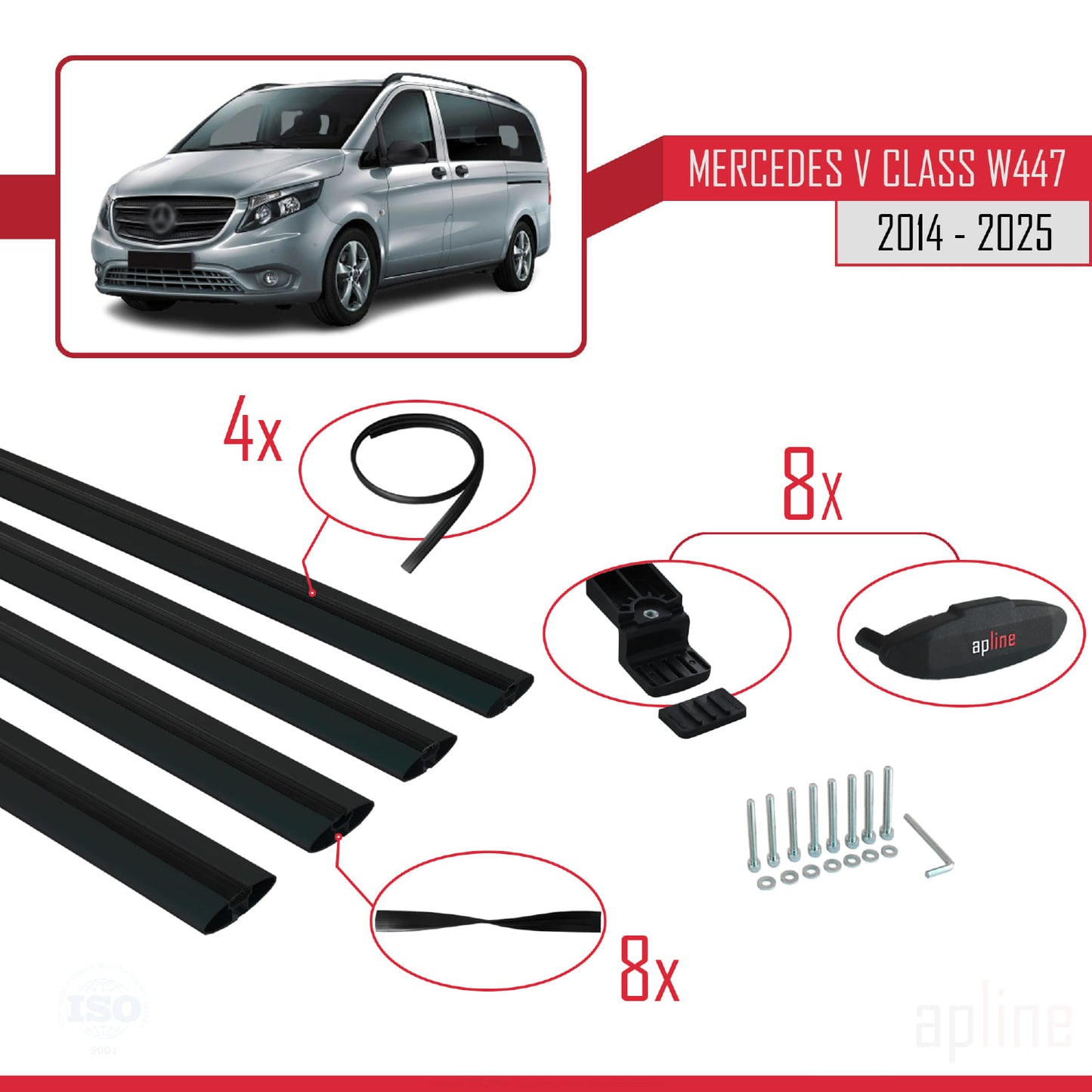 Kompatibel mit Mercedes V Klasse 3 (W447) 2014-2025 BASIC Model Relingträger Dachträger Auto Gepäckträger Schwarz Aluminium 4 Stangen