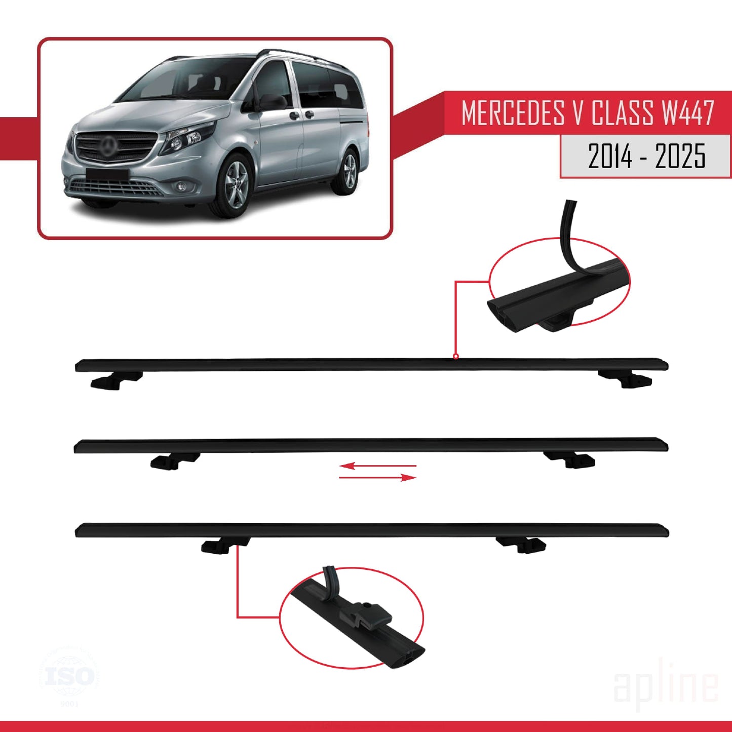 Compatible with Mercedes V Class 3 (W447) 2014-2025 BASIC Model Car Roof Rack Cross Bar Black Aluminium 2 Bars