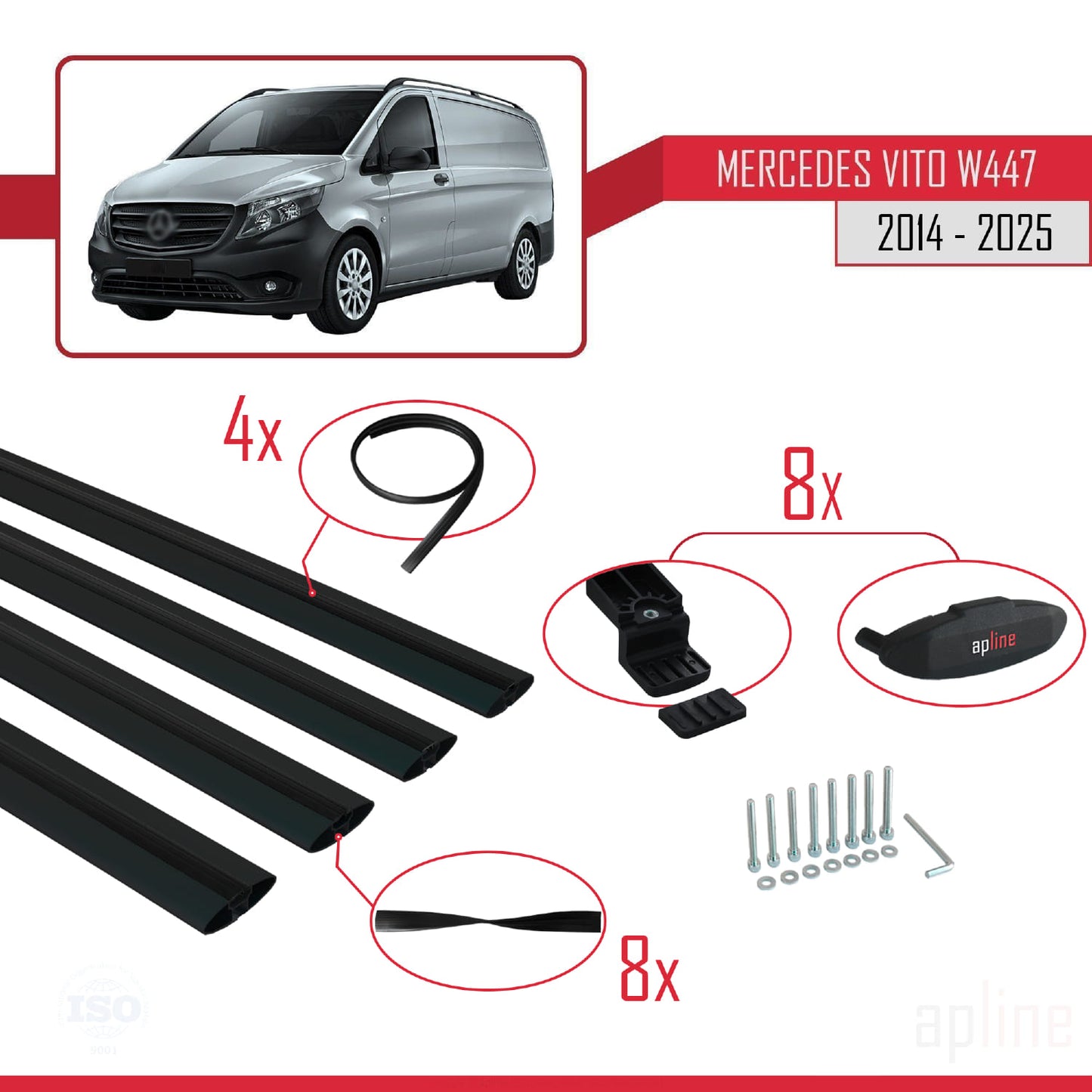 Compatible avec Mercedes Vito 3 (W447) 2014-2025 BASIC Model Barres de Toit Railing Porte-Bagages de Voiture Noir Aluminium 4 Barres