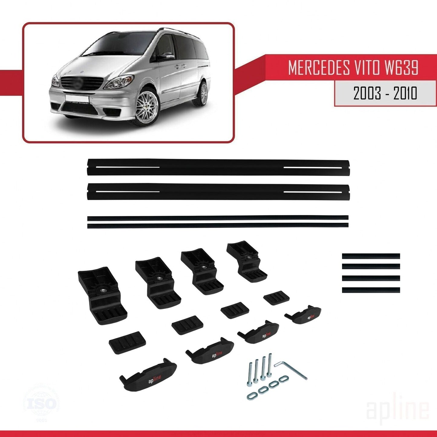 Compatible with Mercedes Vito 2 (W639) Pre-Facelift 2003-2010 BASIC Model Car Roof Rack Cross Bar Black Aluminium 2 Bars