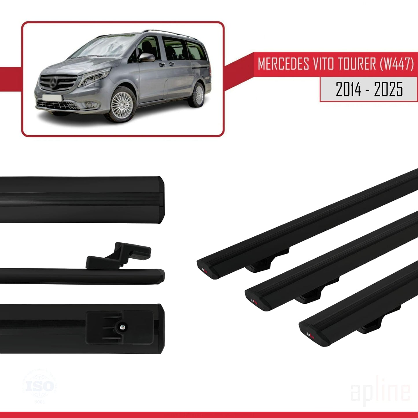 Kompatibel mit Mercedes Vito Tourer (W447) 2014-2025 BASIC Model Relingträger Dachträger Auto Gepäckträger Schwarz Aluminium 3 Stangen
