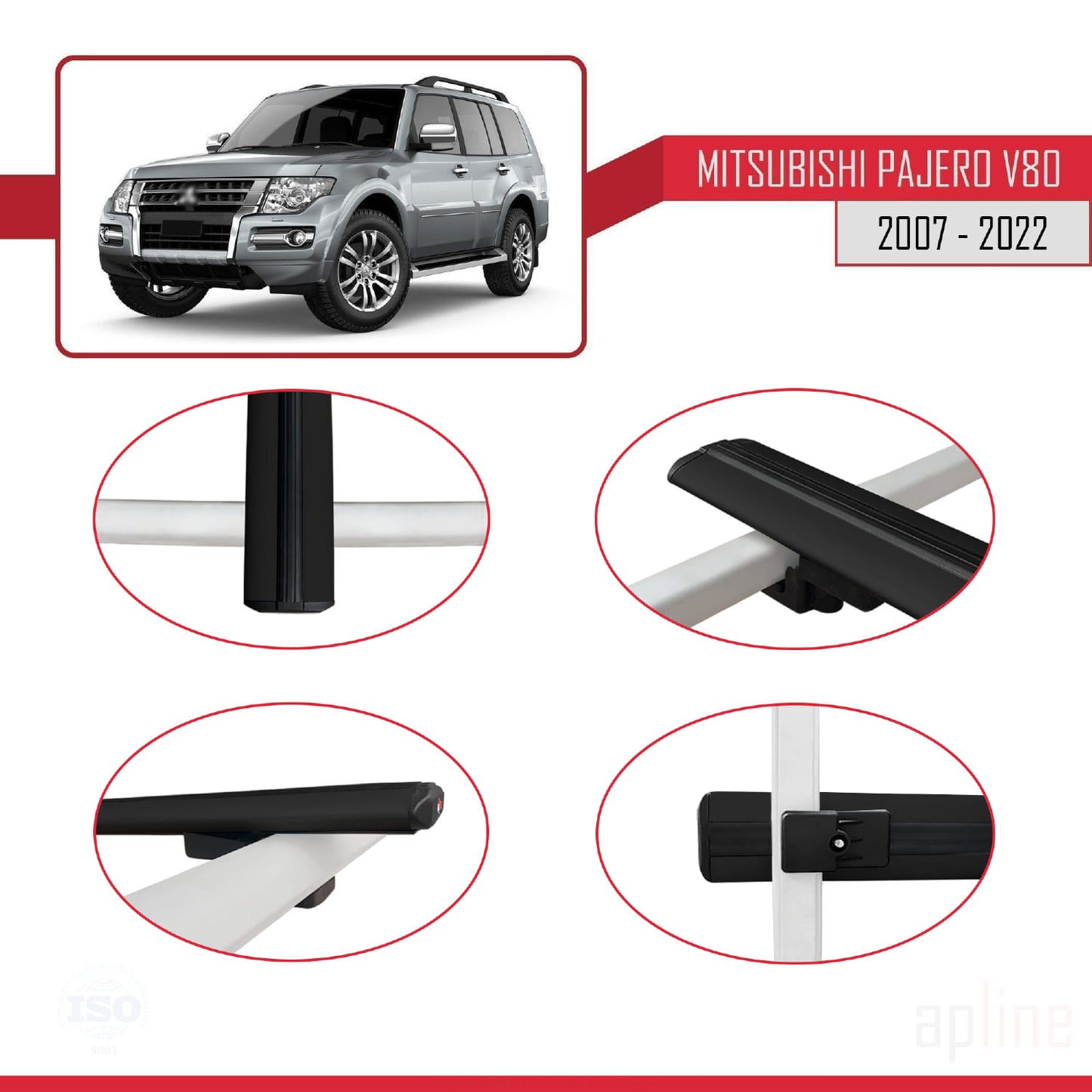 Compatible with Mitsubishi Pajero (V80) 2007-2022 BASIC Model Car Roof Rack Cross Bar Black Aluminium 2 Bars