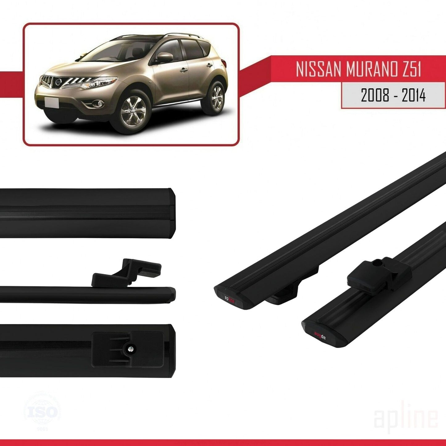 Compatible with Nissan Murano 2 (Z51) 2008-2014 BASIC Model Car Roof Rack Cross Bar Black Aluminium 2 Bars