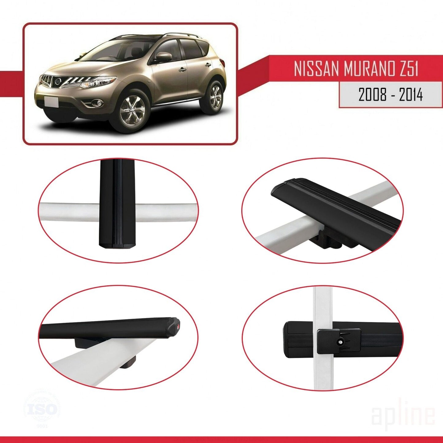 Compatible with Nissan Murano 2 (Z51) 2008-2014 BASIC Model Car Roof Rack Cross Bar Black Aluminium 2 Bars