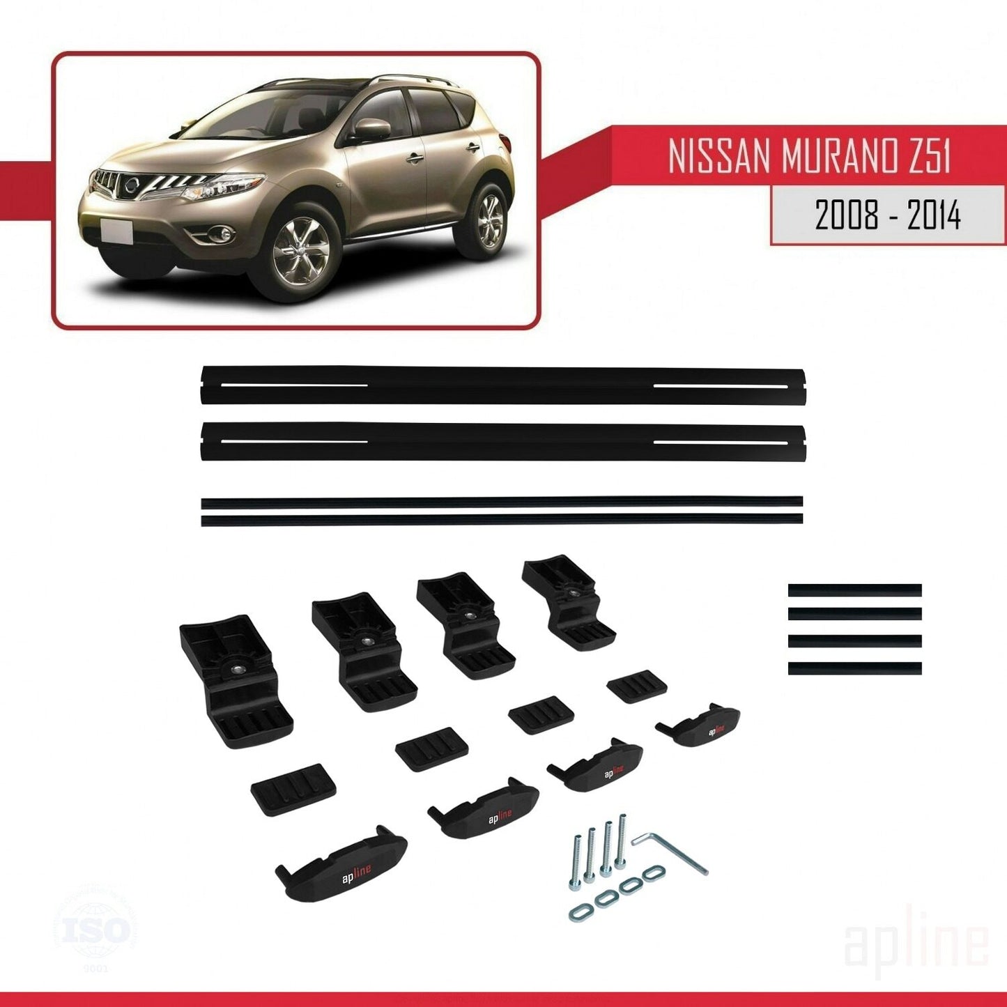Compatible with Nissan Murano 2 (Z51) 2008-2014 BASIC Model Car Roof Rack Cross Bar Black Aluminium 2 Bars
