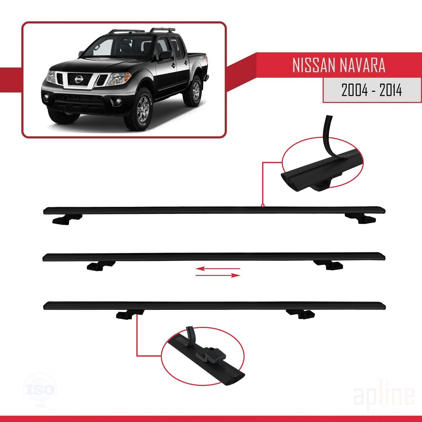 Kompatibel mit Nissan Navara 3 (D40) 2005-2014 BASIC Model Relingträger Dachträger Auto Gepäckträger Schwarz Aluminium 3 Stangen