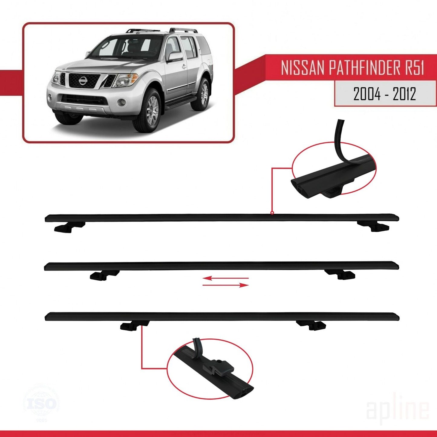 Compatible avec Nissan Pathfinder 3 (R51) 2004-2012 BASIC Model Barres de Toit Railing Porte-Bagages de Voiture Noir Aluminium 2 Barres