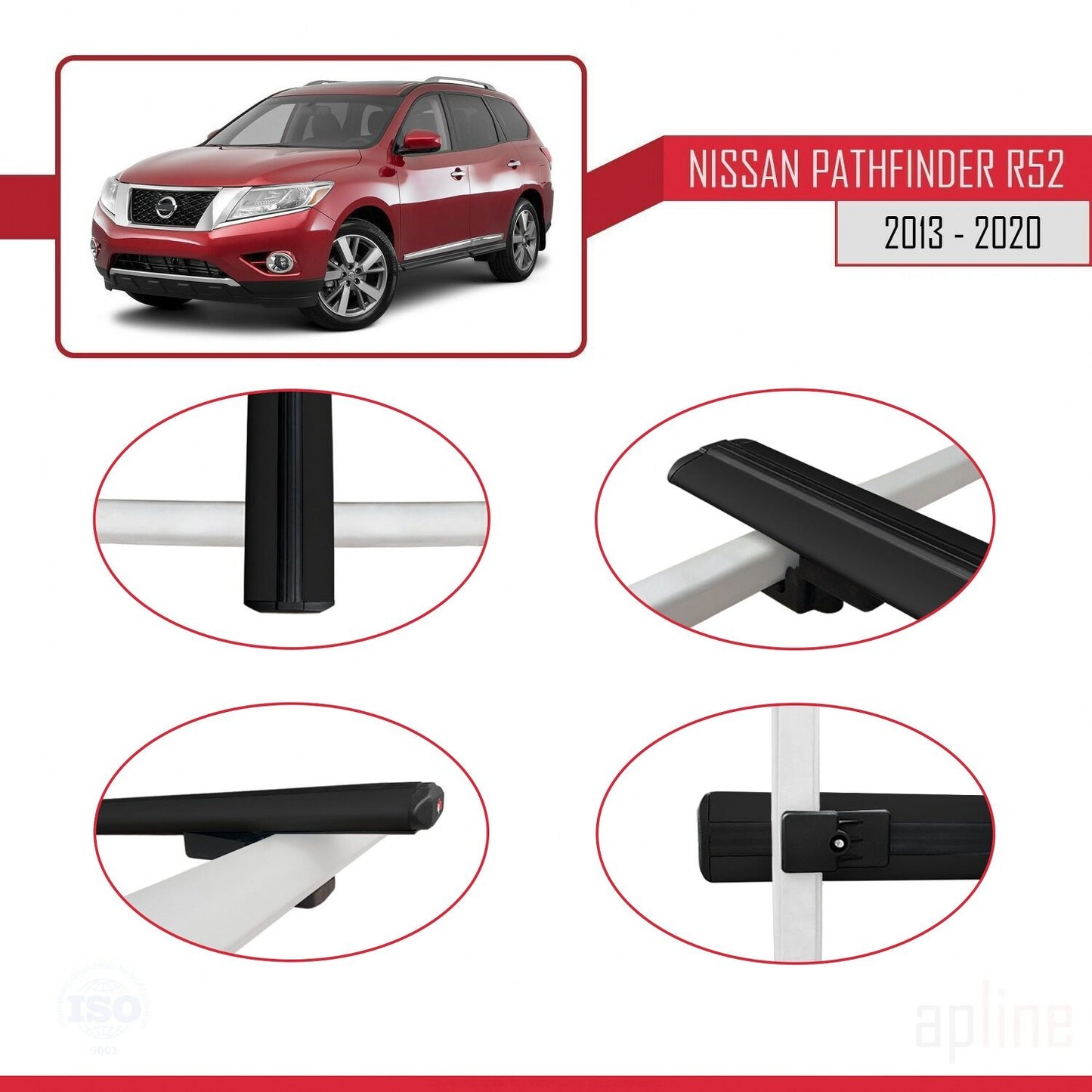 Compatible avec Nissan Pathfinder 4 (R52) 2013-2020 BASIC Model Barres de Toit Railing Porte-Bagages de Voiture Noir Aluminium 3 Barres