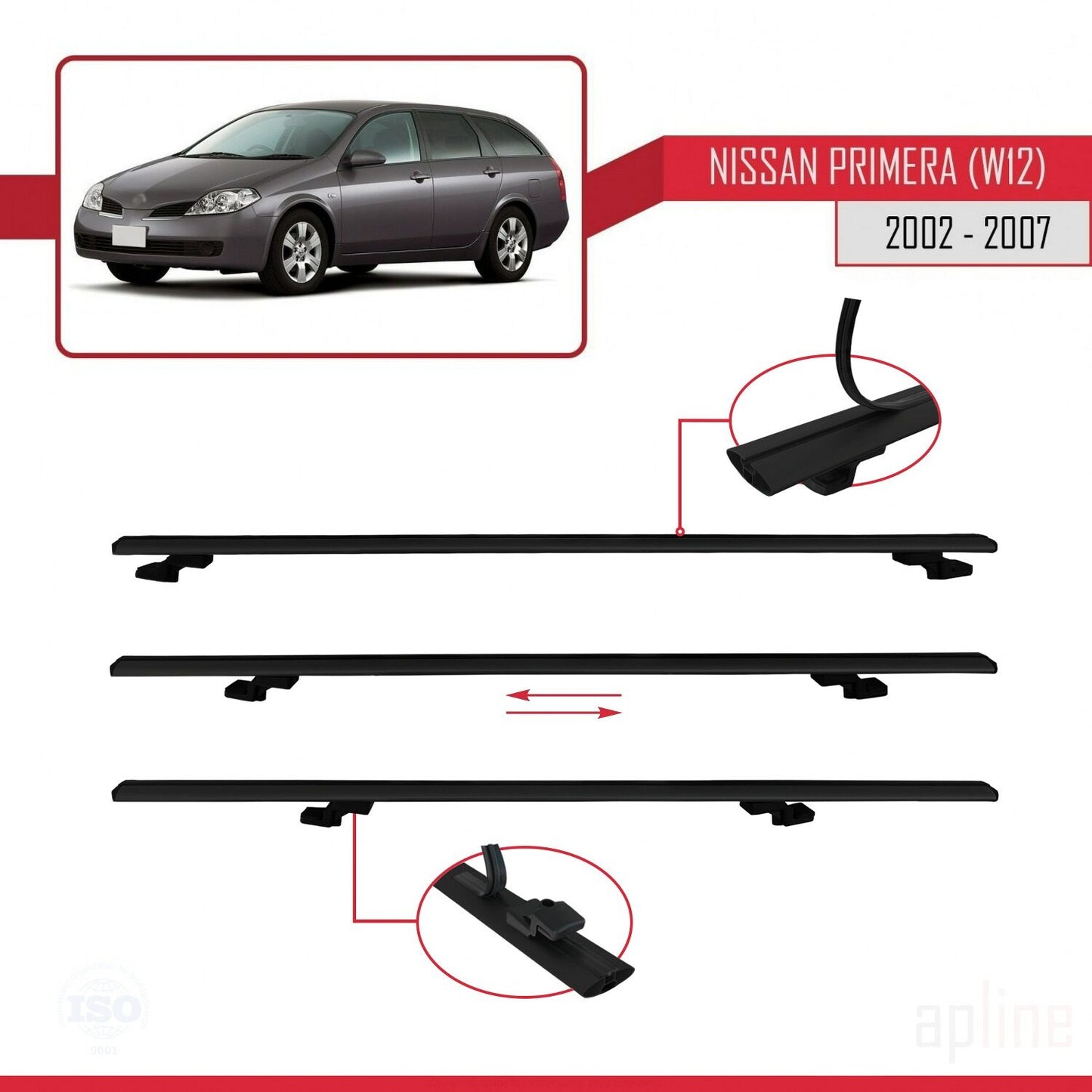 Compatible with Nissan Primera 3 (W12) Traveller 2002-2007 BASIC Model Car Roof Rack Cross Bar Black Aluminium 3 Bars
