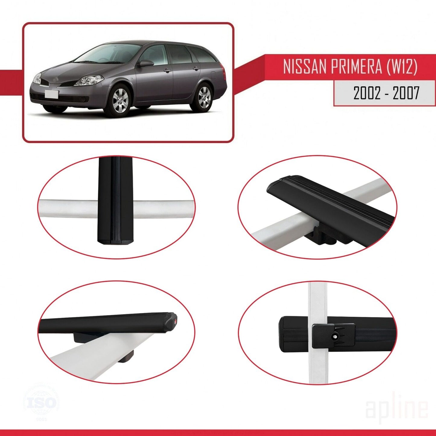 Kompatibel mit Nissan Primera 3 (W12) Traveller 2002-2007 BASIC Model Relingträger Dachträger Auto Gepäckträger Schwarz Aluminium 2 Stangen