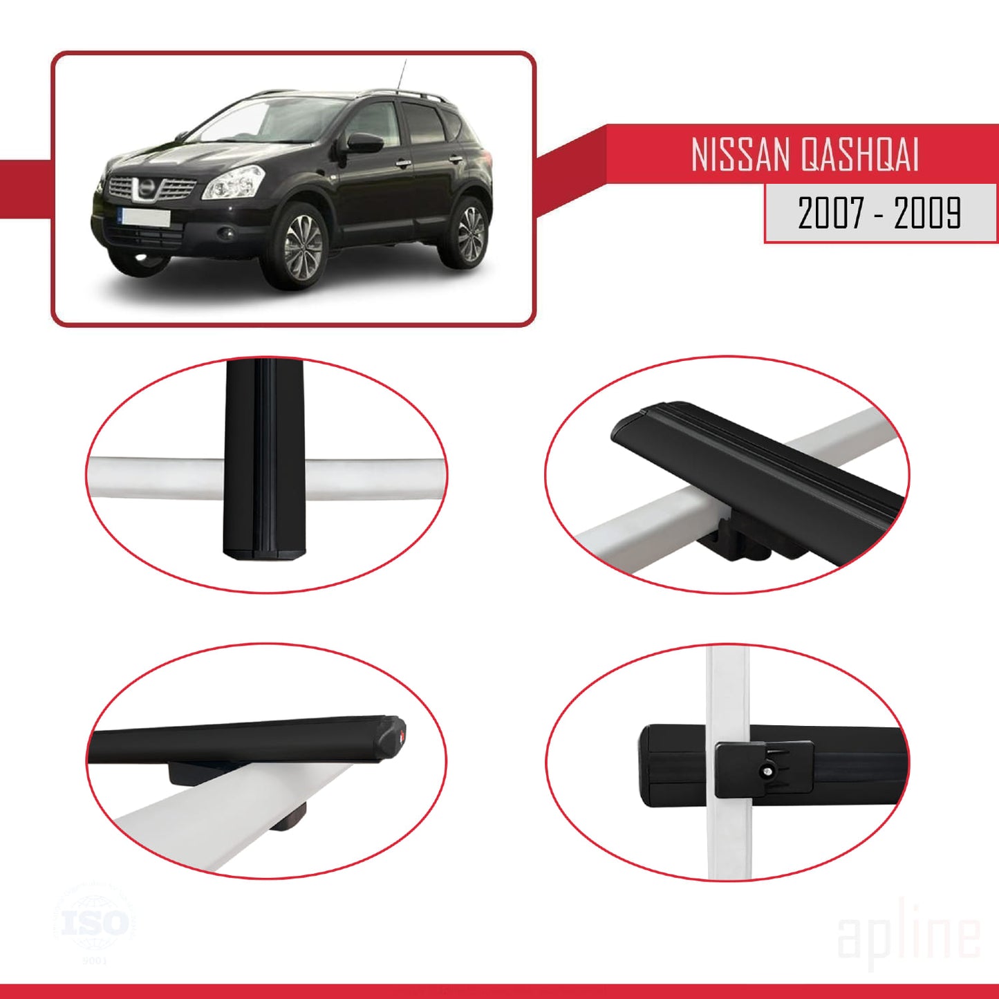 Kompatibel mit Nissan Qashqai (J10) Pre-Facelift 2007-2009 BASIC Model Relingträger Dachträger Auto Gepäckträger Schwarz Aluminium 3 Stangen