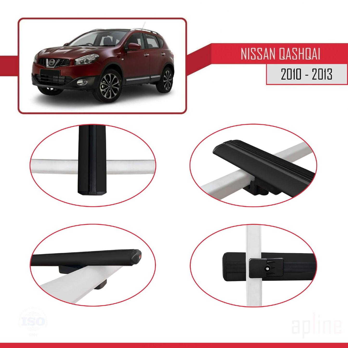 Kompatibel mit Nissan Qashqai (J10) Post-Facelift 2010-2013 BASIC Model Relingträger Dachträger Auto Gepäckträger Schwarz Aluminium 3 Stangen