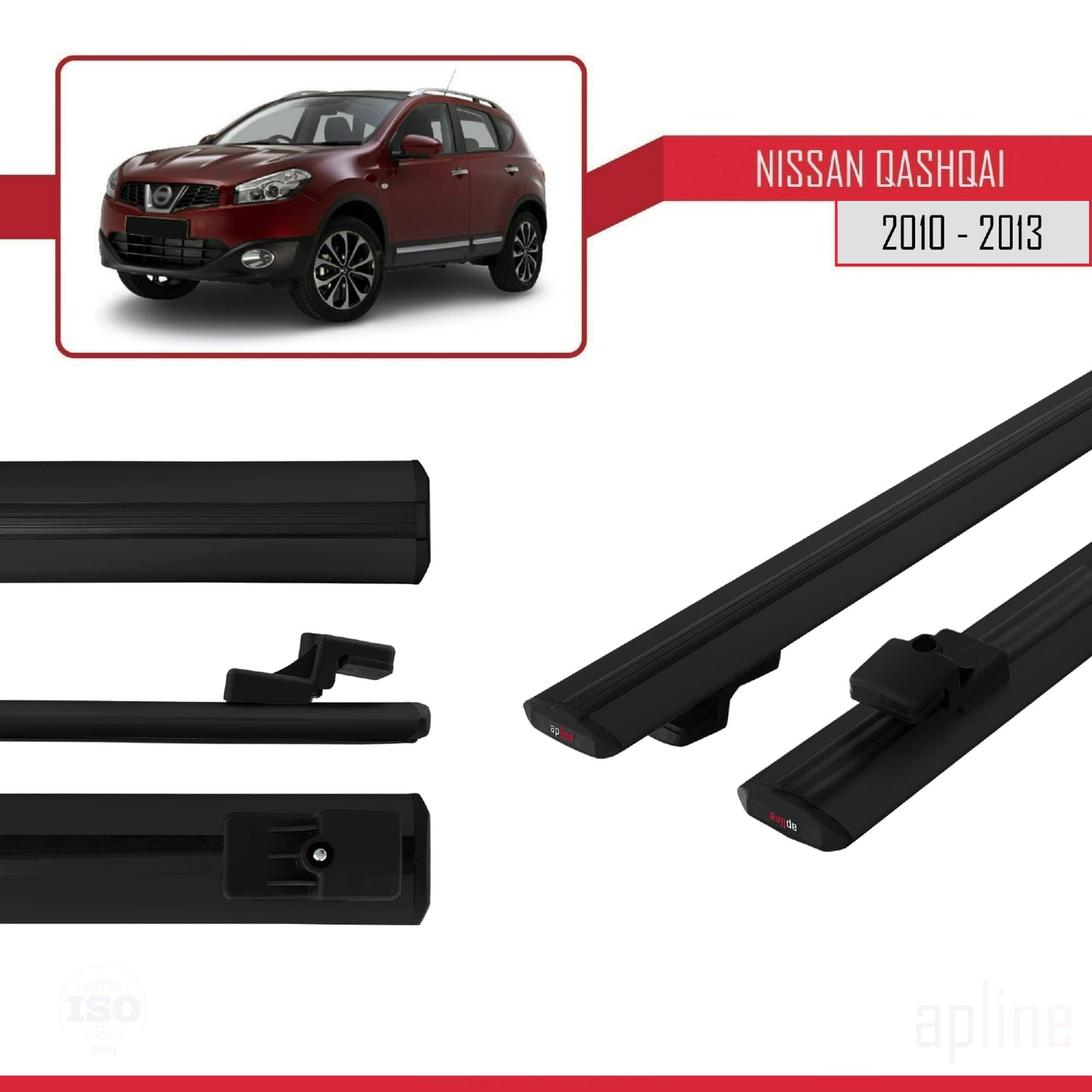 Compatible with Nissan Qashqai (J10) Post-Facelift 2010-2013 BASIC Model Car Roof Rack Cross Bar Black Aluminium 2 Bars