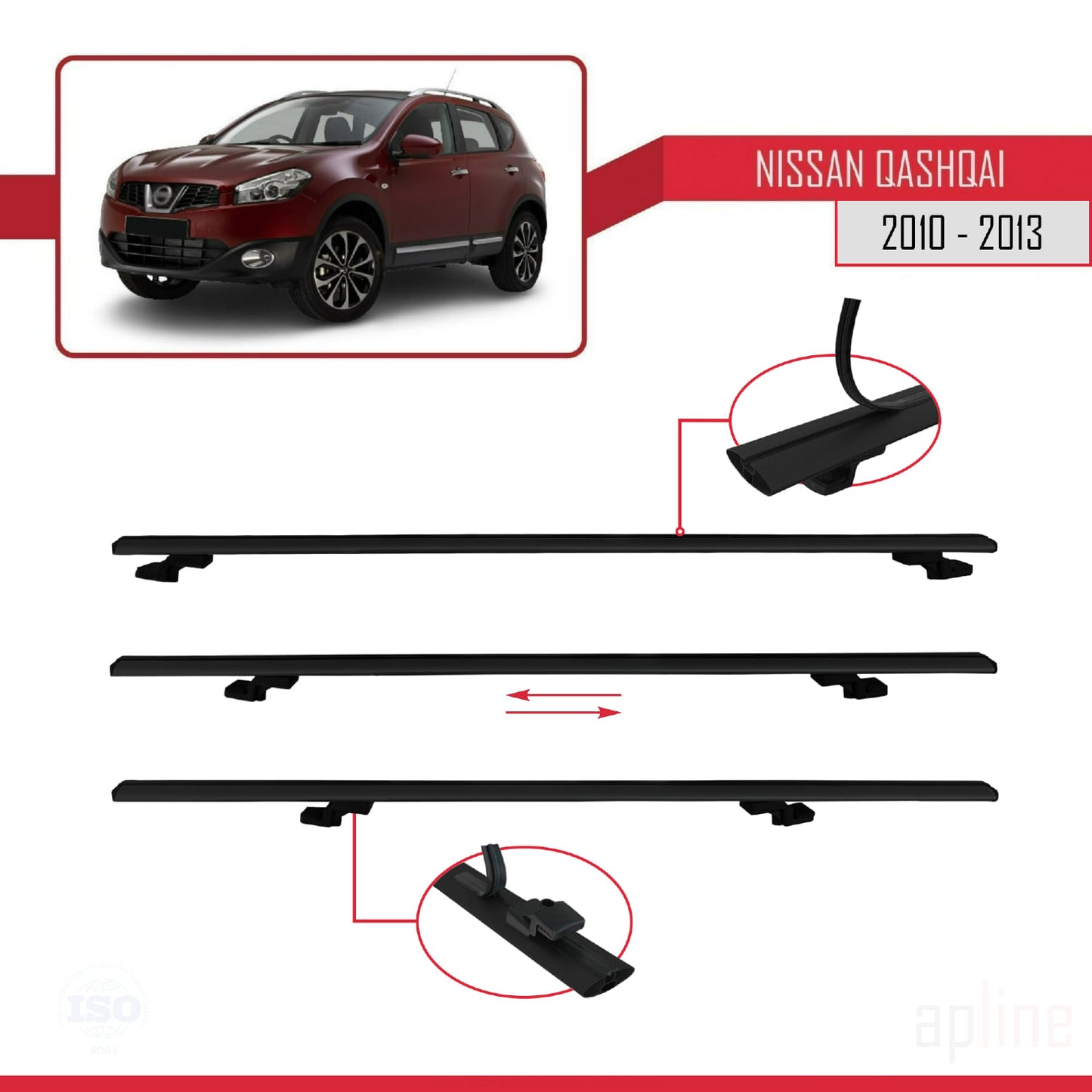 Compatible with Nissan Qashqai (J10) Post-Facelift 2010-2013 BASIC Model Car Roof Rack Cross Bar Black Aluminium 2 Bars