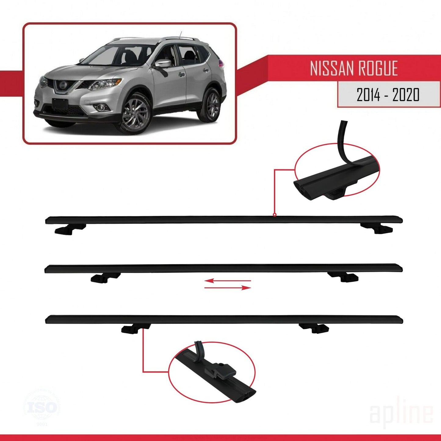 Compatible avec Nissan Rogue 2 (T32) 2014-2020 BASIC Model Barres de Toit Railing Porte-Bagages de Voiture Noir Aluminium 3 Barres