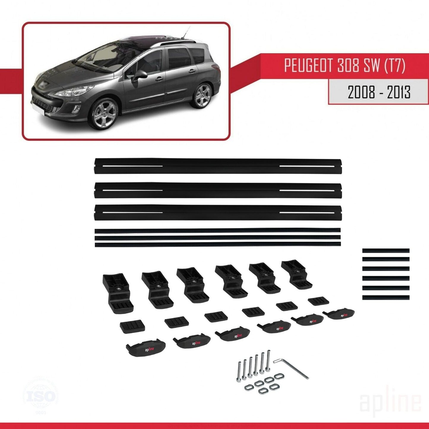 Compatible with Peugeot 308 (T7) SW 2008-2013 BASIC Model Car Roof Rack Cross Bar Black Aluminium 3 Bars