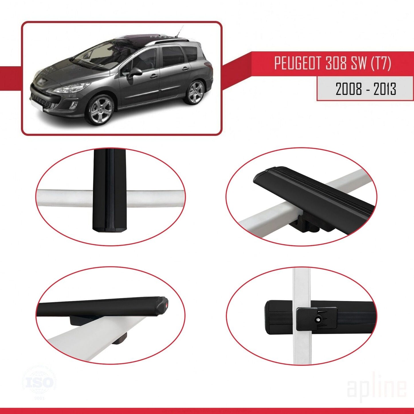 Compatible with Peugeot 308 (T7) SW 2008-2013 BASIC Model Car Roof Rack Cross Bar Black Aluminium 3 Bars