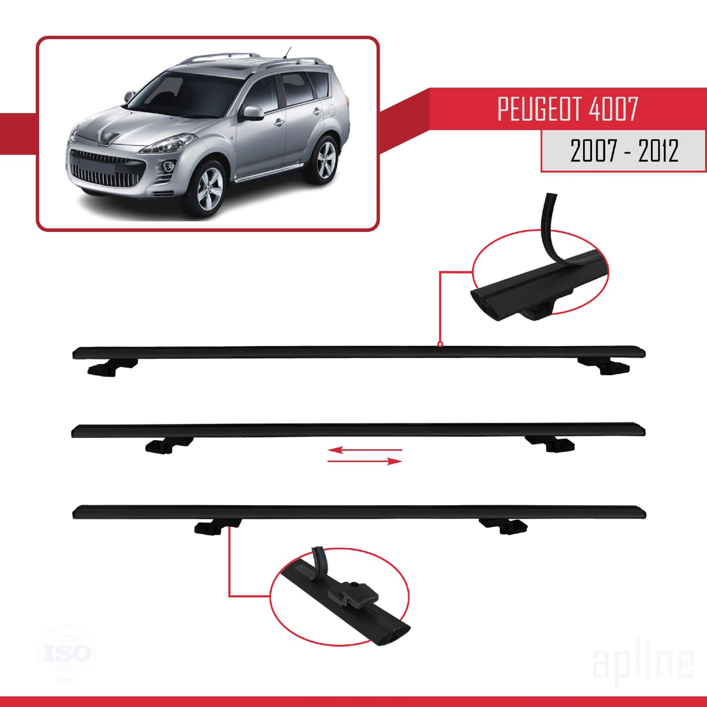 Kompatibel mit Peugeot 4007 2007-2012 BASIC Model Relingträger Dachträger Auto Gepäckträger Schwarz Aluminium 2 Stangen