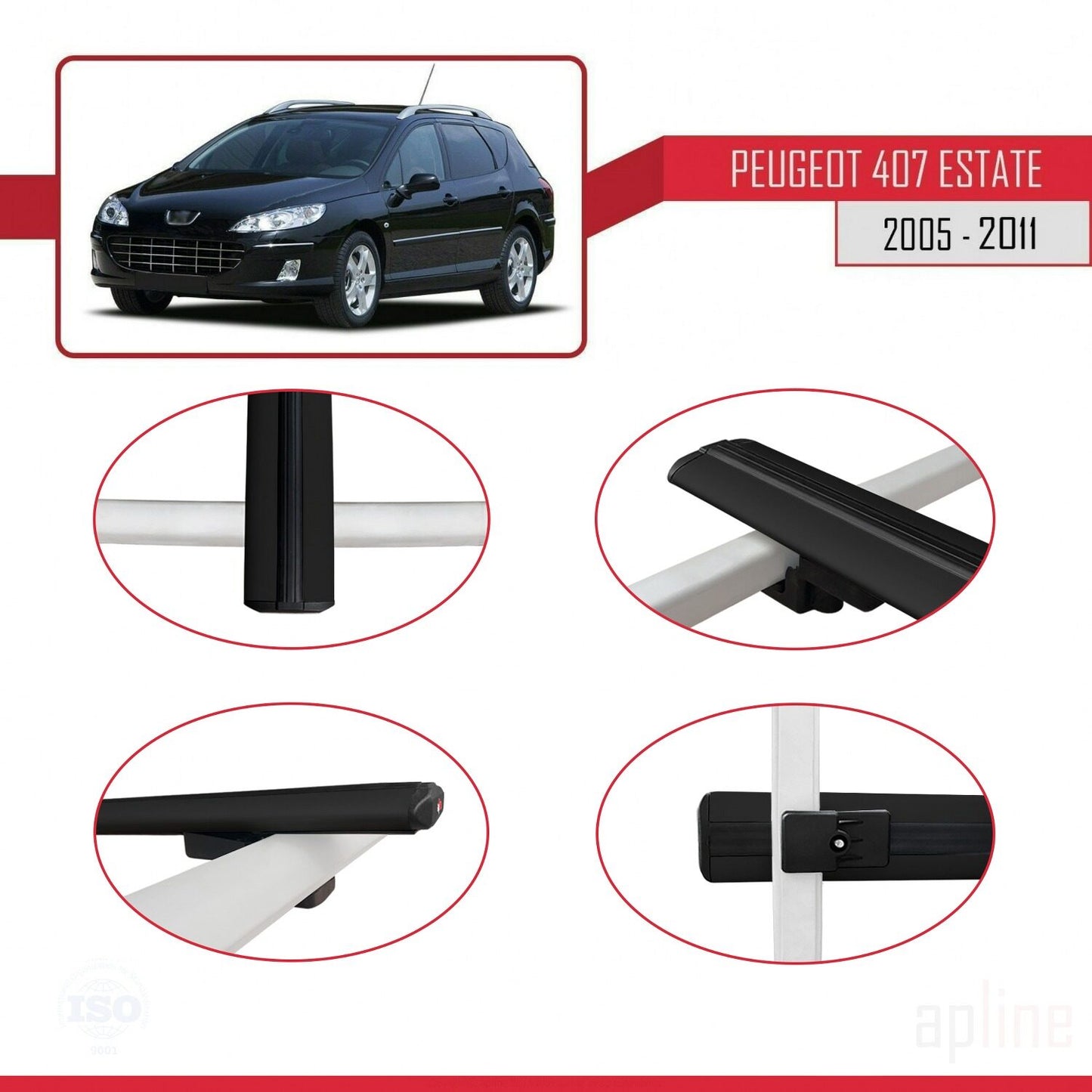 Kompatibel mit Peugeot 407 Combi 2005-2011 BASIC Model Relingträger Dachträger Auto Gepäckträger Schwarz Aluminium 2 Stangen
