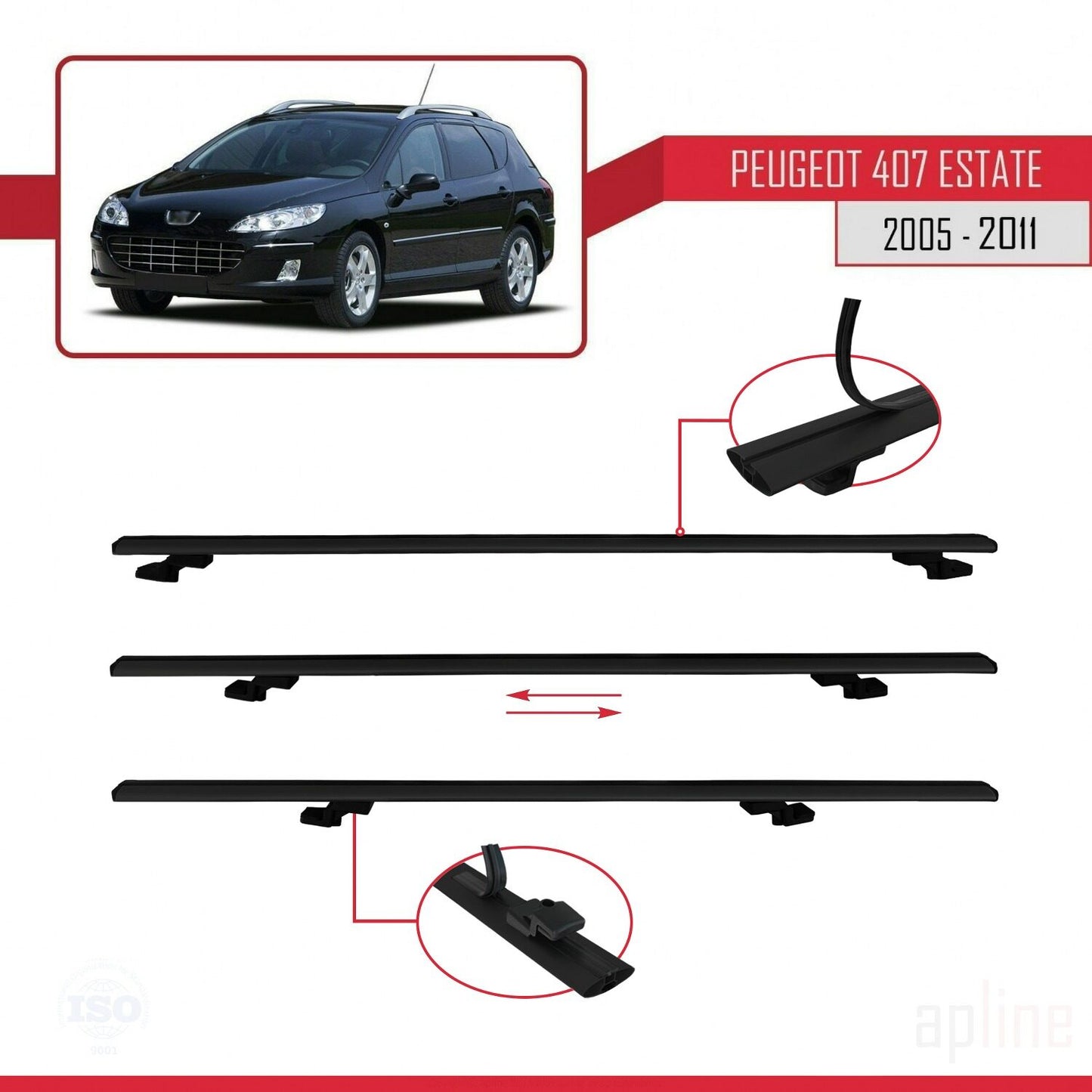 Kompatibel mit Peugeot 407 Combi 2005-2011 BASIC Model Relingträger Dachträger Auto Gepäckträger Schwarz Aluminium 2 Stangen