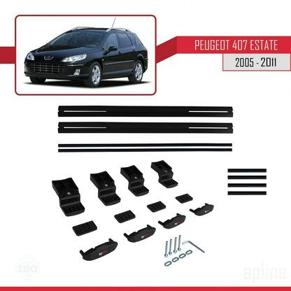 Kompatibel mit Peugeot 407 Combi 2005-2011 BASIC Model Relingträger Dachträger Auto Gepäckträger Schwarz Aluminium 2 Stangen