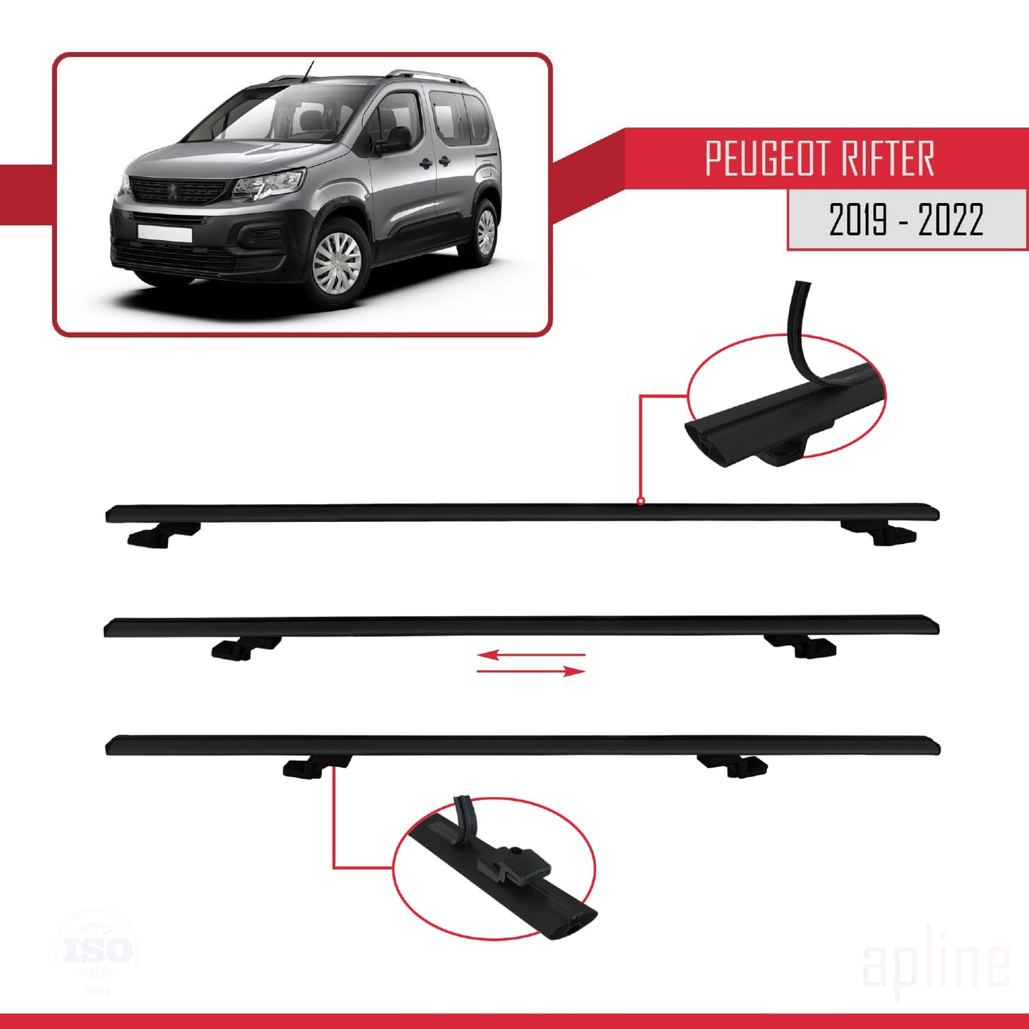 Compatible with Peugeot Rifter 2019-2022 BASIC Model Car Roof Rack Cross Bar Black Aluminium 4 Bars
