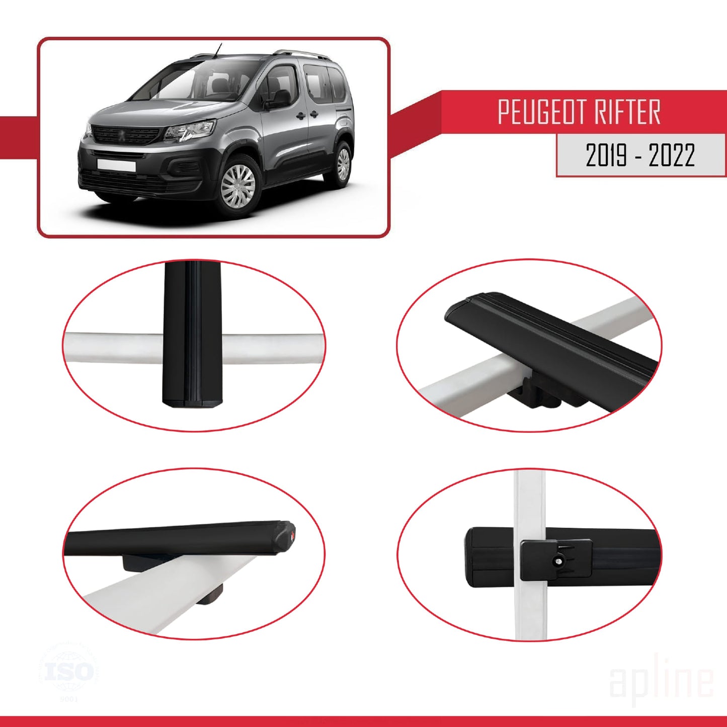 Compatible with Peugeot Rifter 2019-2022 BASIC Model Car Roof Rack Cross Bar Black Aluminium 2 Bars